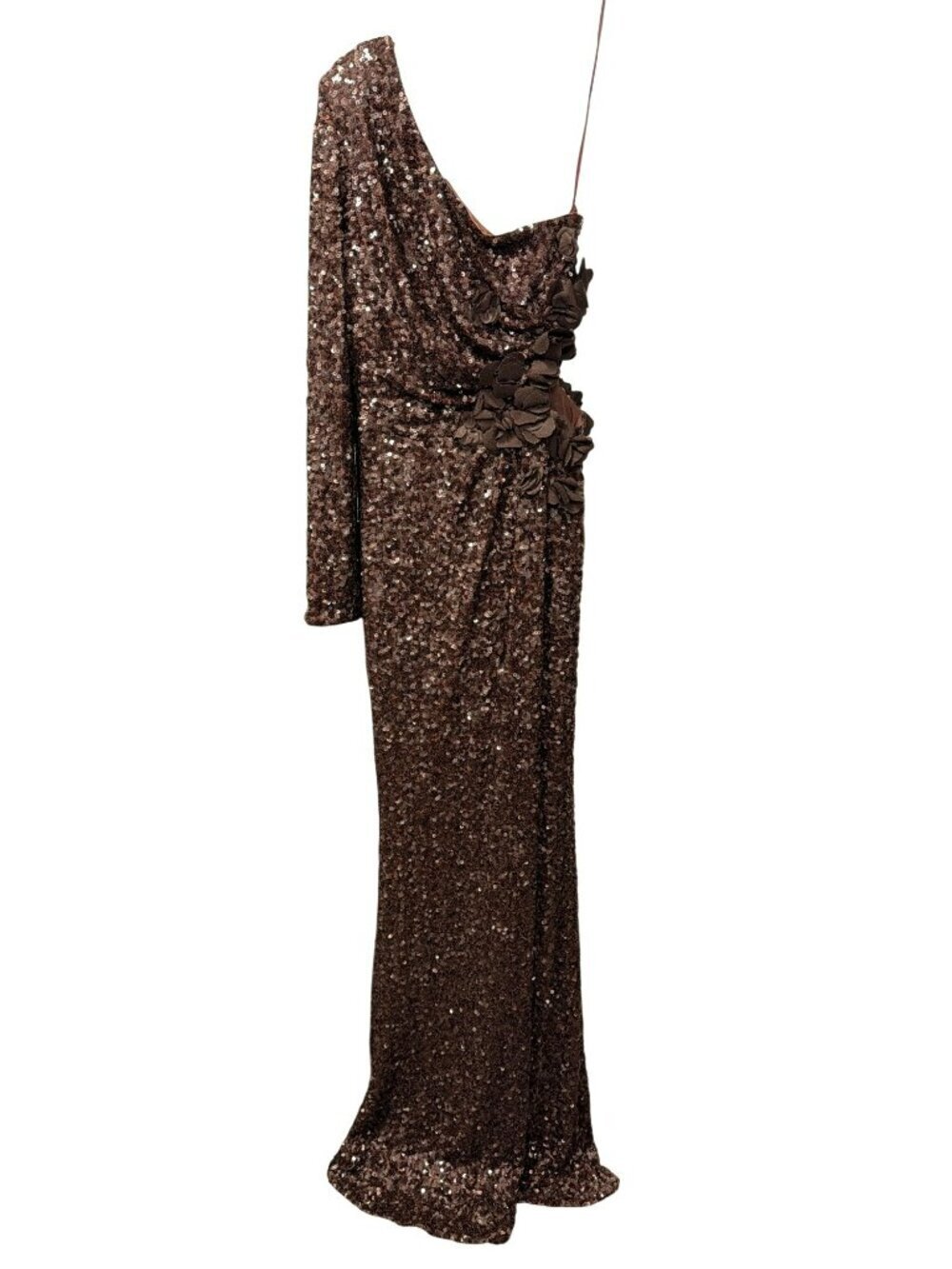 New Dress the Population Brown Sequin Gown Floral Applique Maxi Dress Size XS